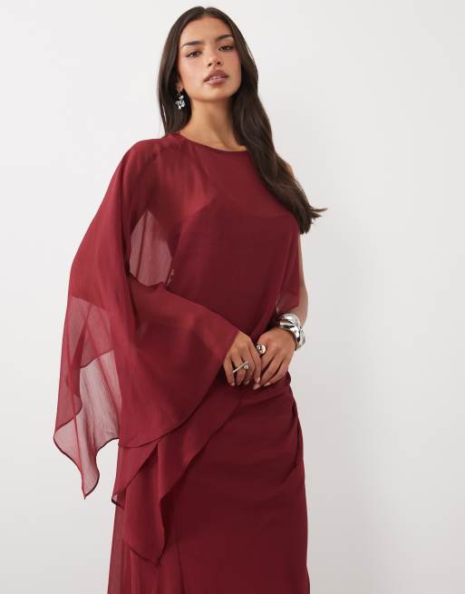 ASOS DESIGN draped batwing asymmetric one sleeve maxi dress in burgundy, 2 of 4