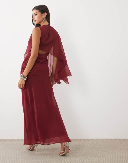ASOS DESIGN draped batwing asymmetric one sleeve maxi dress in burgundy, 4 of 4