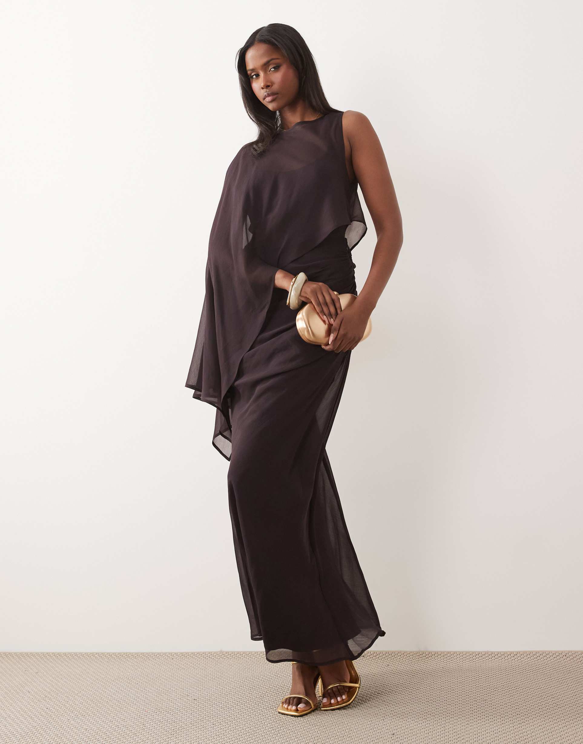 asos design draped batwing asymmetric one sleeve maxi dress in dark chocolate