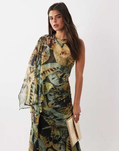 ASOS DESIGN draped batwing asymmetric one sleeve maxi dress in green dragonfly print - view 1