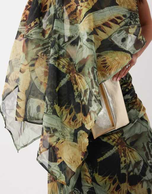 ASOS DESIGN draped batwing asymmetric one sleeve maxi dress in green dragonfly print, 3 of 4