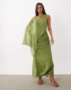 ASOS DESIGN draped batwing asymmetric one sleeve maxi dress in light khaki
