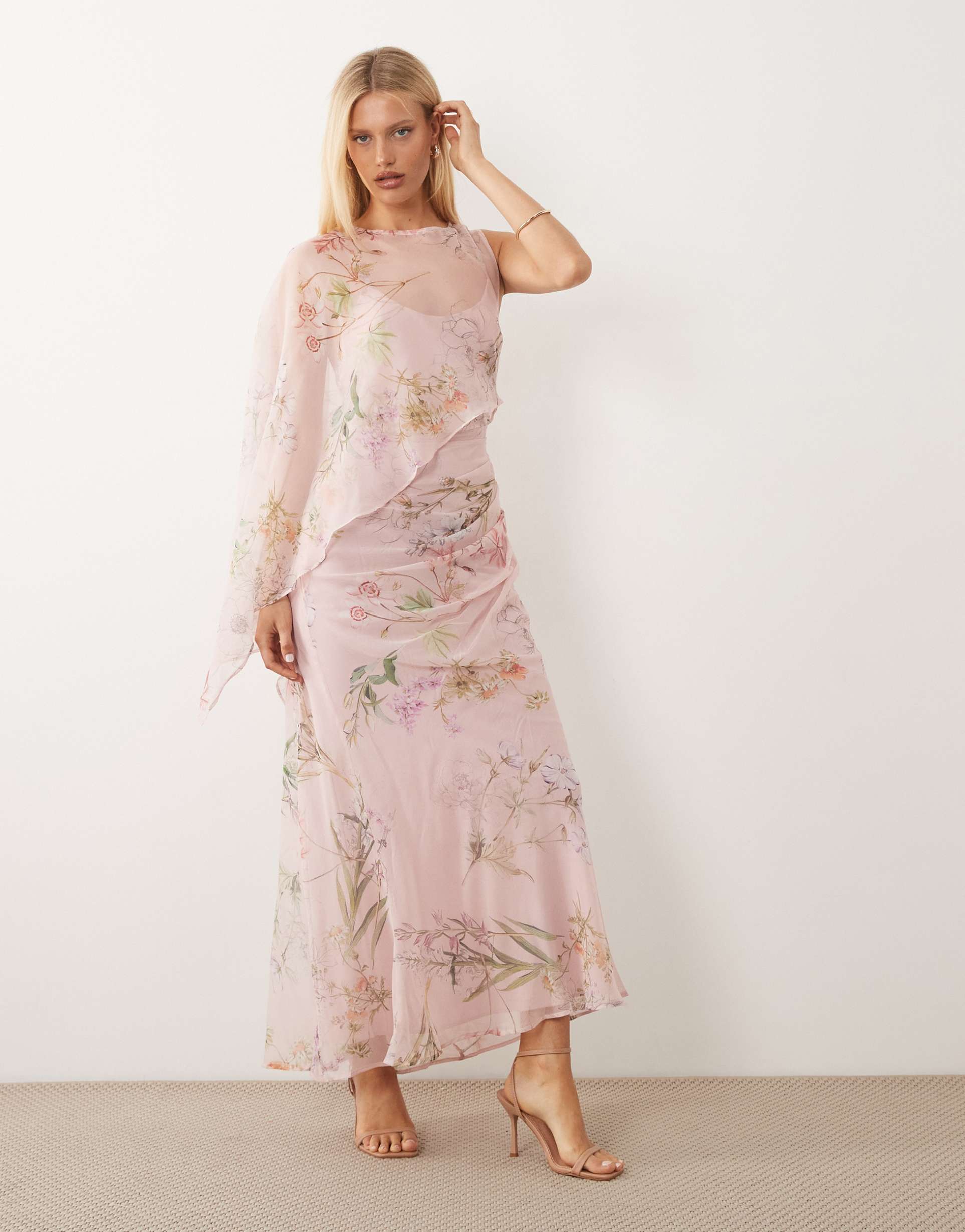 asos design draped batwing asymmetric one-sleeve maxi dress in pink floral