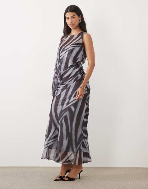 ASOS DESIGN draped batwing asymmetric one sleeve maxi dress in zebra abstract stripe - view 1