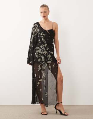 ASOS DESIGN draped batwing sleeve embellished maxi dress with lace in black