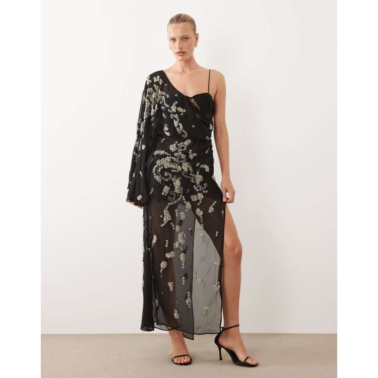 ASOS DESIGN draped batwing sleeve embellished maxi dress with lace in black  | ASOS