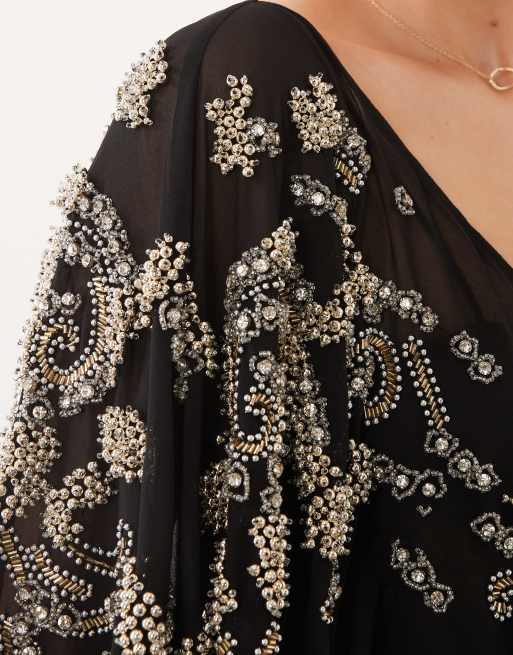 ASOS DESIGN draped batwing sleeve embellished maxi dress with lace in black, 2 of 4