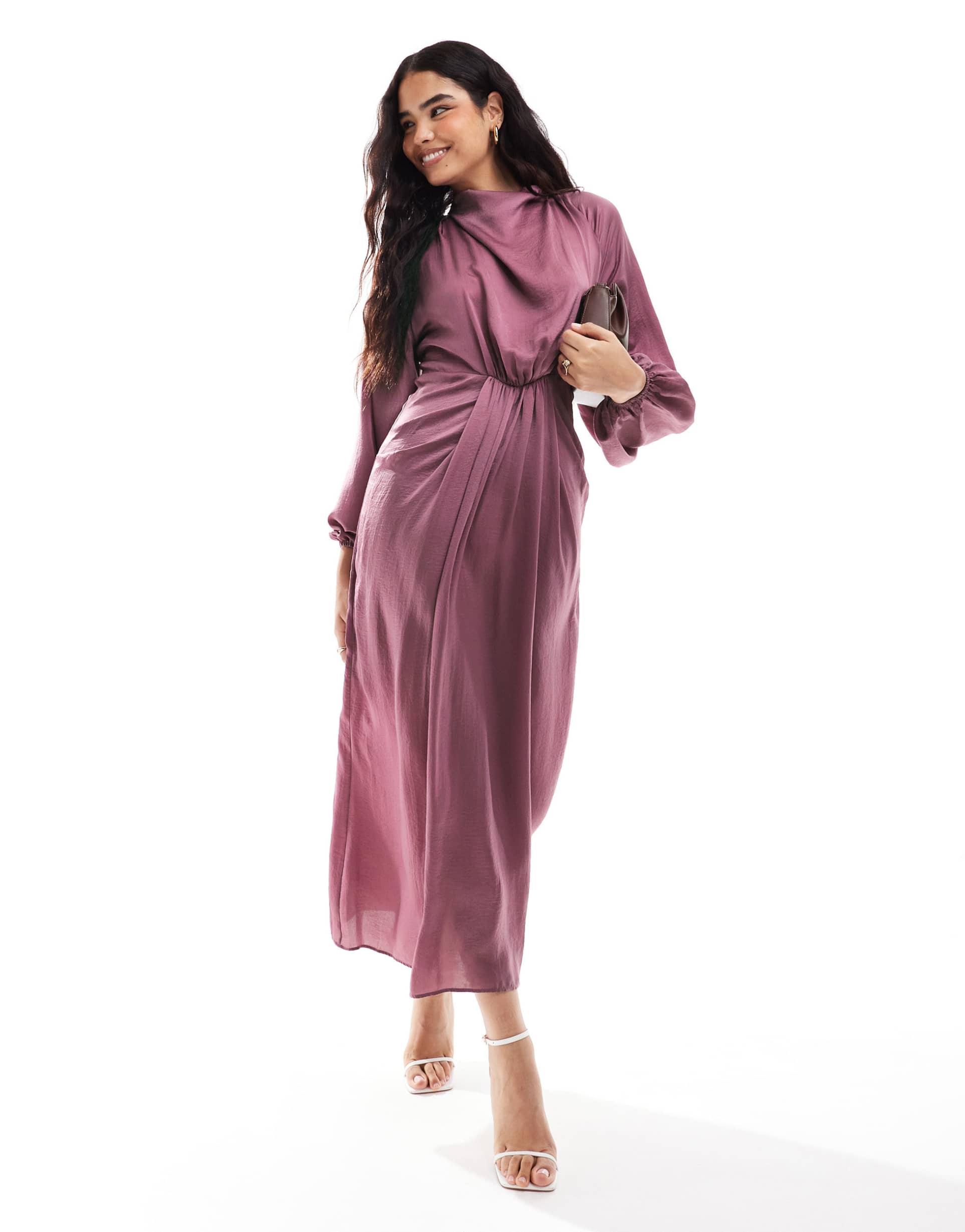 asos design draped blouson sleeve satin maxi dress in berry pink