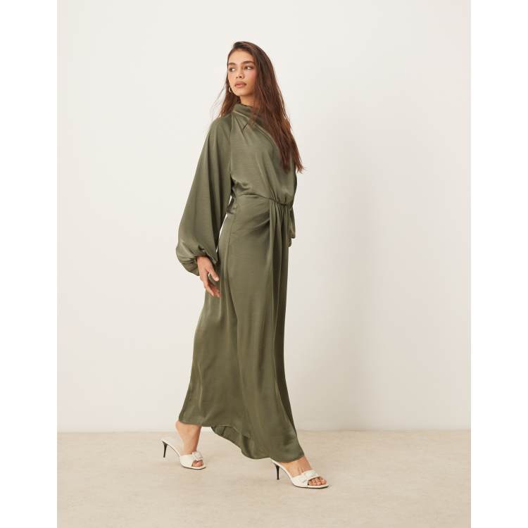 white christmas dresses Rent ASOS DESIGN Satin High Drape Neck Maxi With Long Sleeves In Navy main image 0