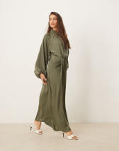 ASOS DESIGN long sleeve satin tie front maxi dress in chocolate