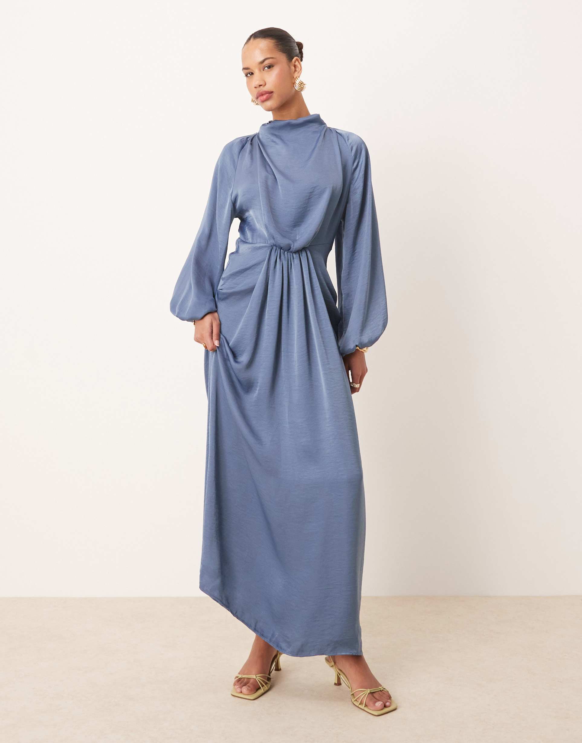 asos design draped blouson sleeve satin maxi dress in smokey blue