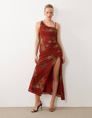 Asos Design Draped Bodice Maxi Dress With Beaded Strap Detail And Open Back In Multi