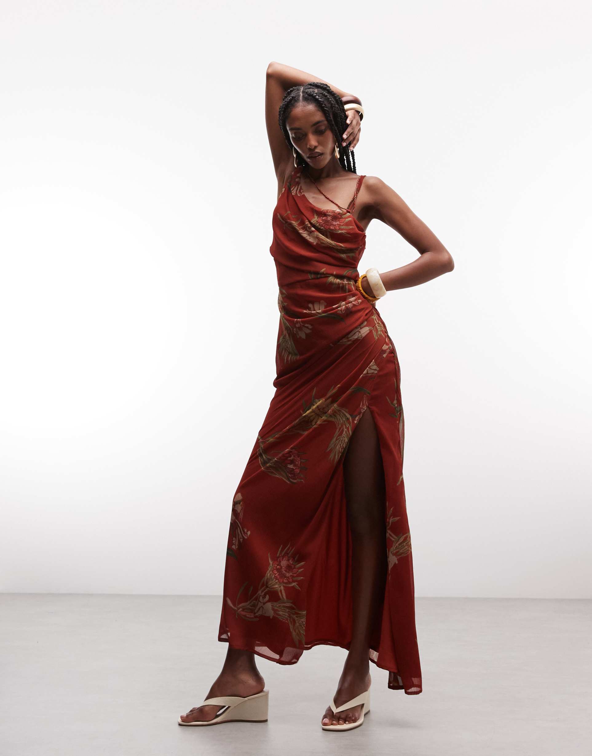 asos design draped bodice maxi dress with beaded strap detail and open back in rust floral print