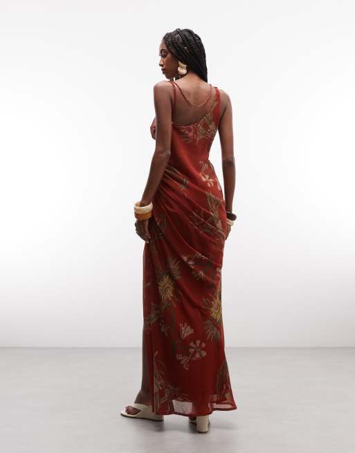ASOS DESIGN draped bodice maxi dress with beaded strap detail and open back in rust floral print, 3 of 4