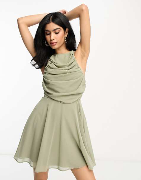 ASOS DESIGN draped bodice sleeveless mini skater dress in khaki - view 1