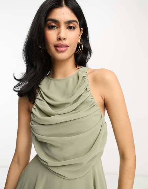 ASOS DESIGN draped bodice sleeveless mini skater dress in khaki ASOS