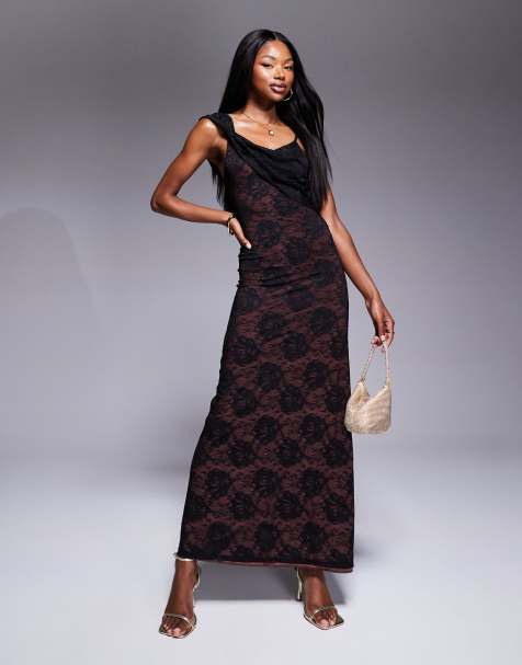 ASOS DESIGN draped cami maxi dress in pink and black lace overlay - view 1