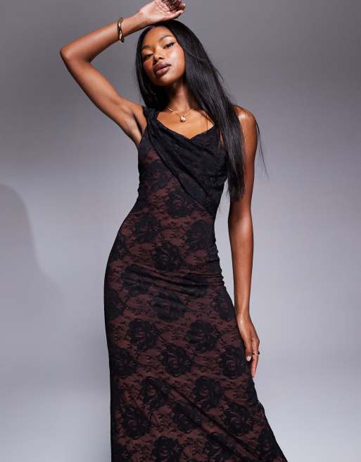 ASOS DESIGN draped cami maxi dress in pink and black lace overlay ASOS