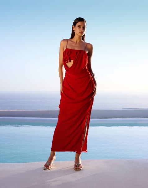 ASOS DESIGN draped cami maxi dress with 3d floral detail in burnt red - view 1