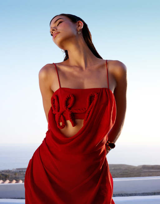 ASOS DESIGN draped cami maxi dress with 3d floral details in burnt red