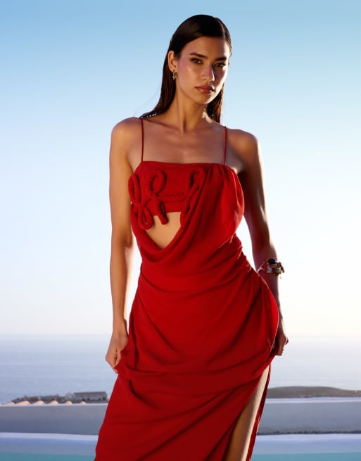 ASOS DESIGN draped cami maxi dress with 3d floral details in burnt red