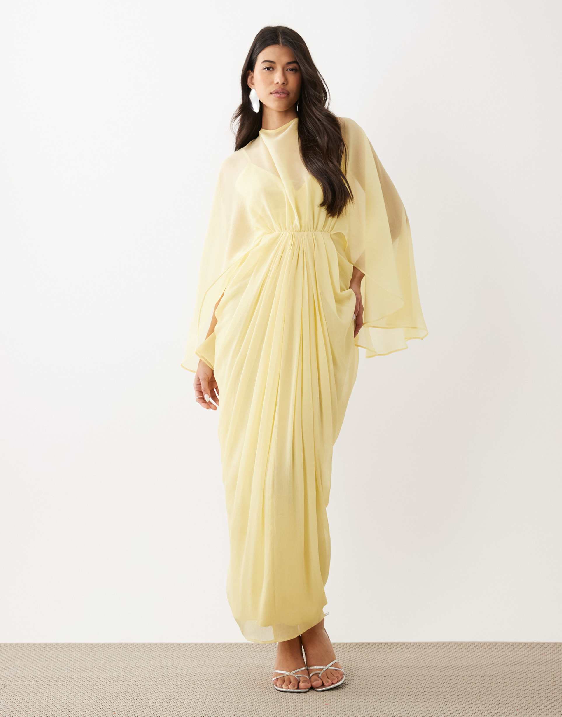asos design draped cape bodice maxi dress with skirt and open-back tassel detail in yellow