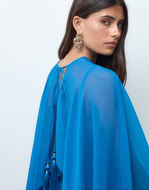 ASOS DESIGN draped cape bodice with skirt and open back with tassel detail maxi dress in deep blue, 3 of 5
