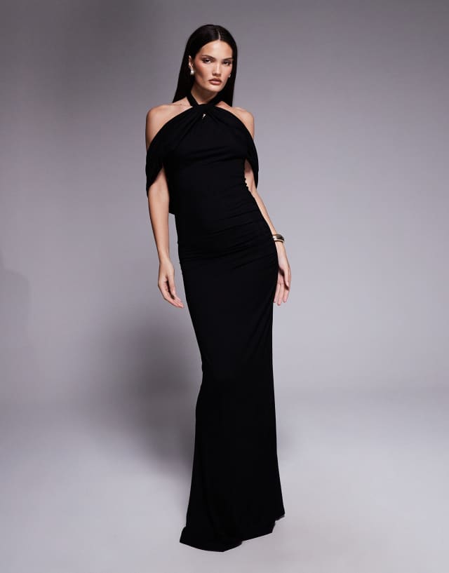 asos black halter neck dress Design Draped Cape Maxi in 988 Oksale Casual Dresses for Size:1 (Big Kid) quality viscose