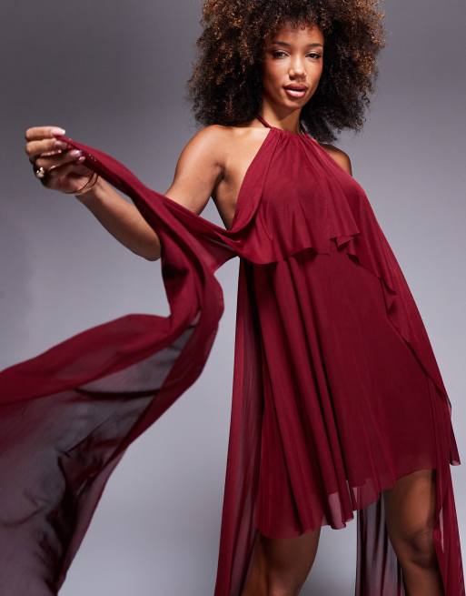 ASOS DESIGN draped cape mini halter dress in mesh in burgundy ASOS