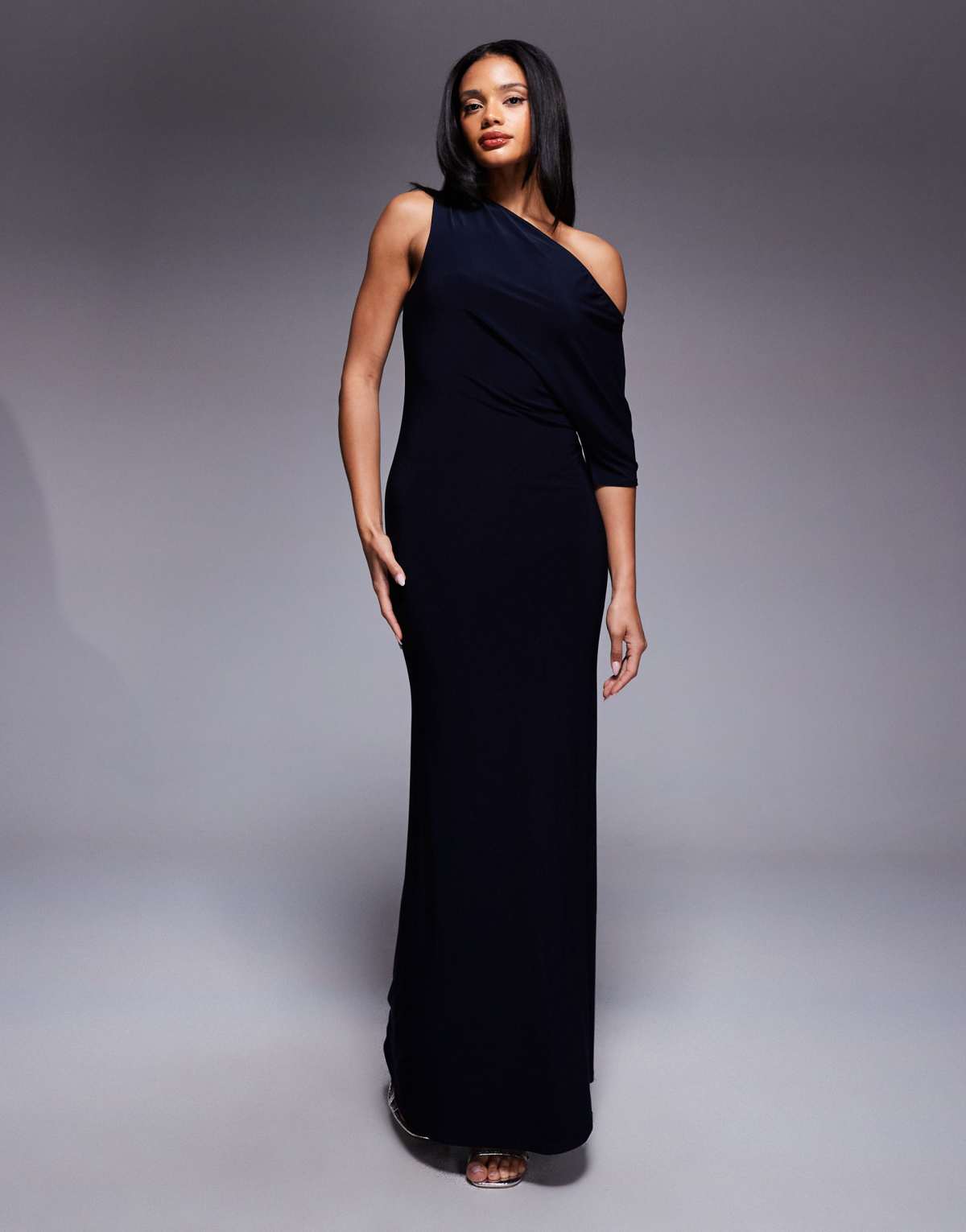 ASOS DESIGN draped cape one shoulder maxi dress in navy