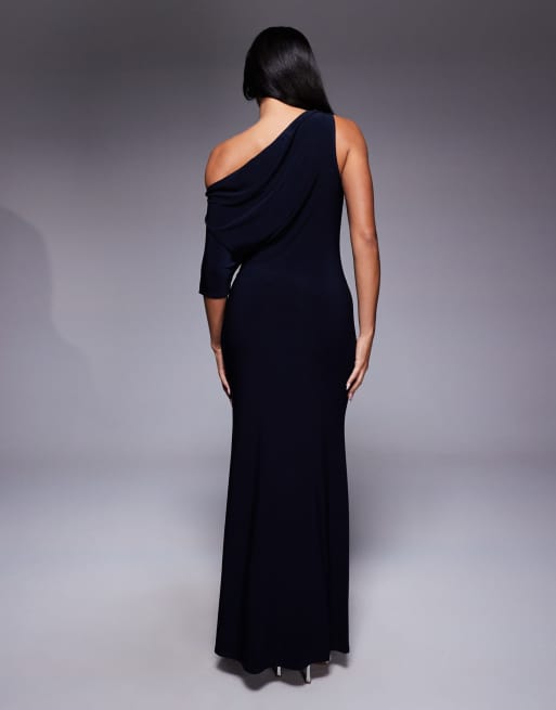 ASOS DESIGN draped cape one shoulder maxi dress in navy, 2 of 4