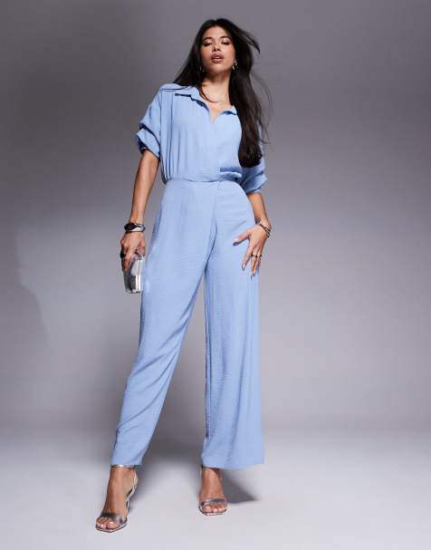 ASOS DESIGN draped collared wide leg jumpsuit in blue - view 1