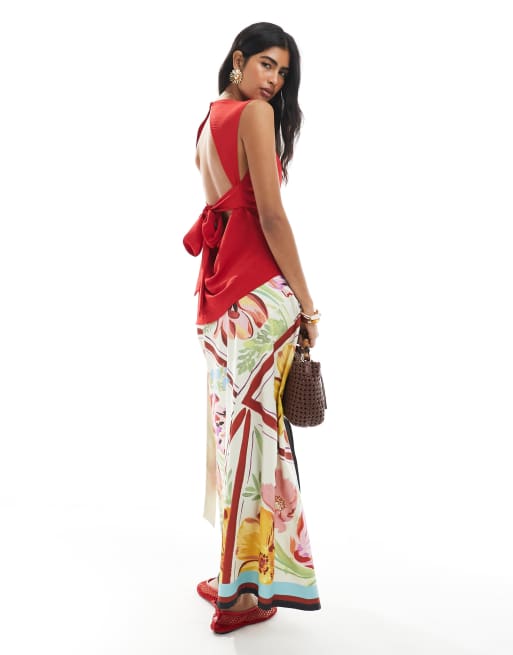 ASOS DESIGN draped cowl neck top with open tie back detail in red