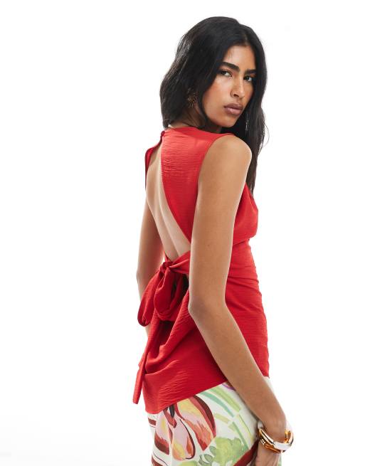 ASOS DESIGN draped cowl neck top with open tie back detail in red