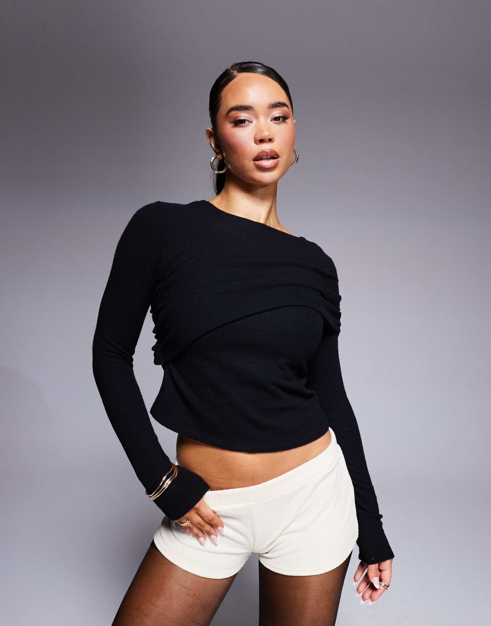 asos design draped cozy super soft long sleeve slash neck top in black