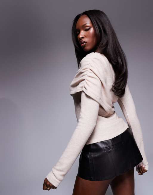 ASOS DESIGN draped cozy supersoft long sleeve slash neck top in oatmeal