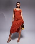 [ASOS DESIGN] ASOS DESIGN draped crinkle maxi dress with ruffles and strappy details in rust-Red 16 RUST