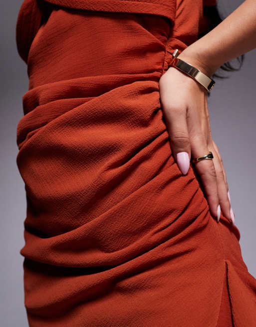 ASOS DESIGN draped crinkle maxi dress with ruffles and strappy details in rust, 2 of 4