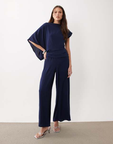 ASOS DESIGN draped fallen shoulder jumpsuit in navy - view 1