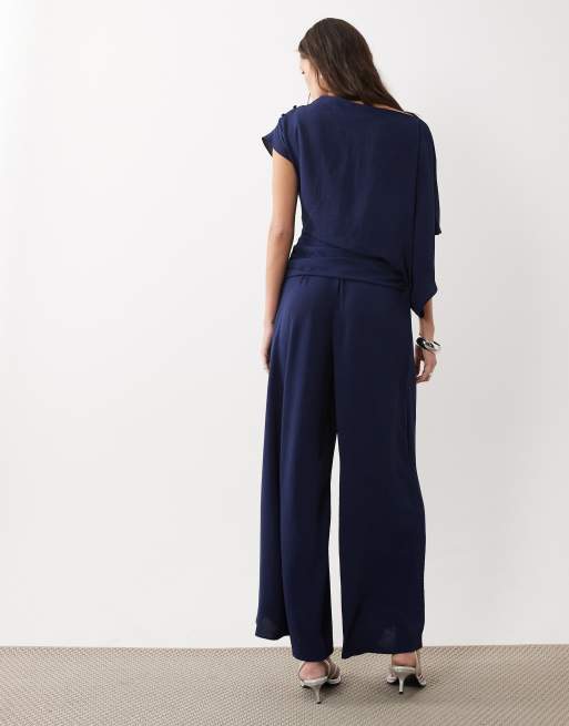 ASOS DESIGN draped fallen shoulder jumpsuit in navy, 4 of 4