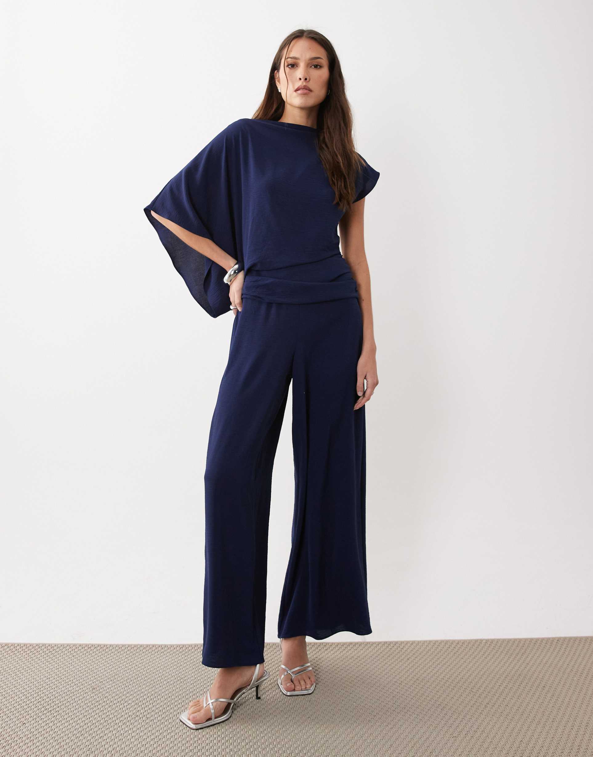 asos design draped fallen shoulders jumpsuit in navy