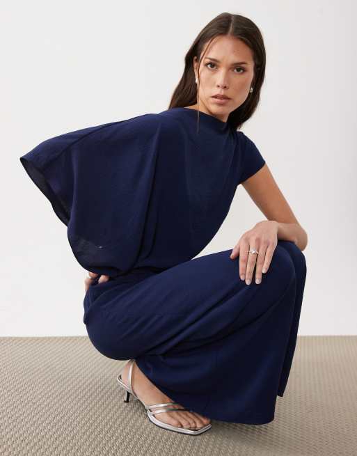 ASOS DESIGN draped fallen shoulders jumpsuit in navy, 2 of 4