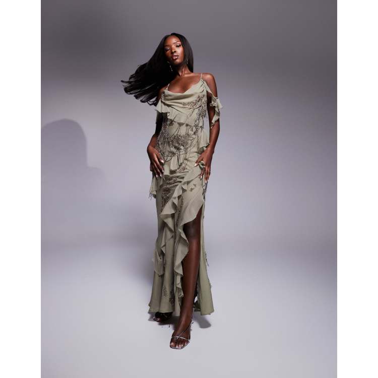 ASOS DESIGN draped fringe embellished maxi dress with ruffles in sage green  | ASOS