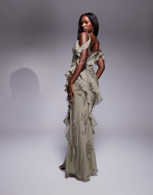 ASOS DESIGN draped fringe embellished maxi dress with ruffles in sage green, 3 of 4