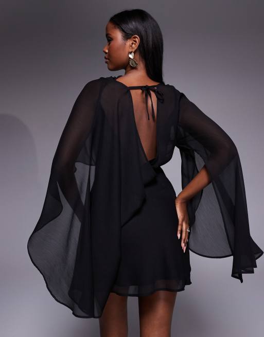 ASOS DESIGN draped front extreme cape sleeves mini dress in black, 2 of 4