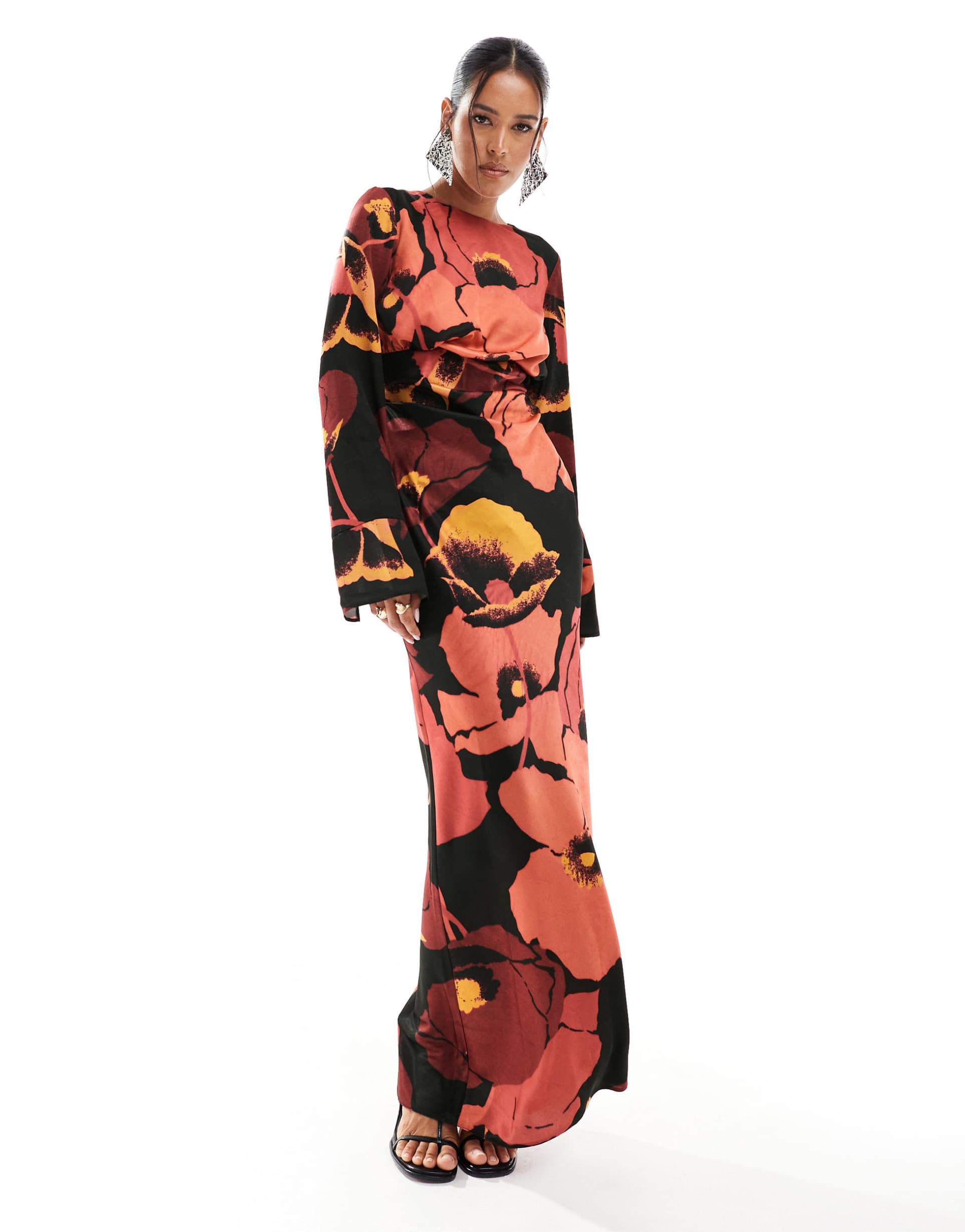 asos design draped front tuck sleeve bias maxi dress in abstract black based floral