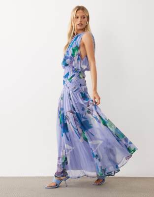 Asos Design Draped Gauged Ruched Waist Detail Maxi Dress In Blue