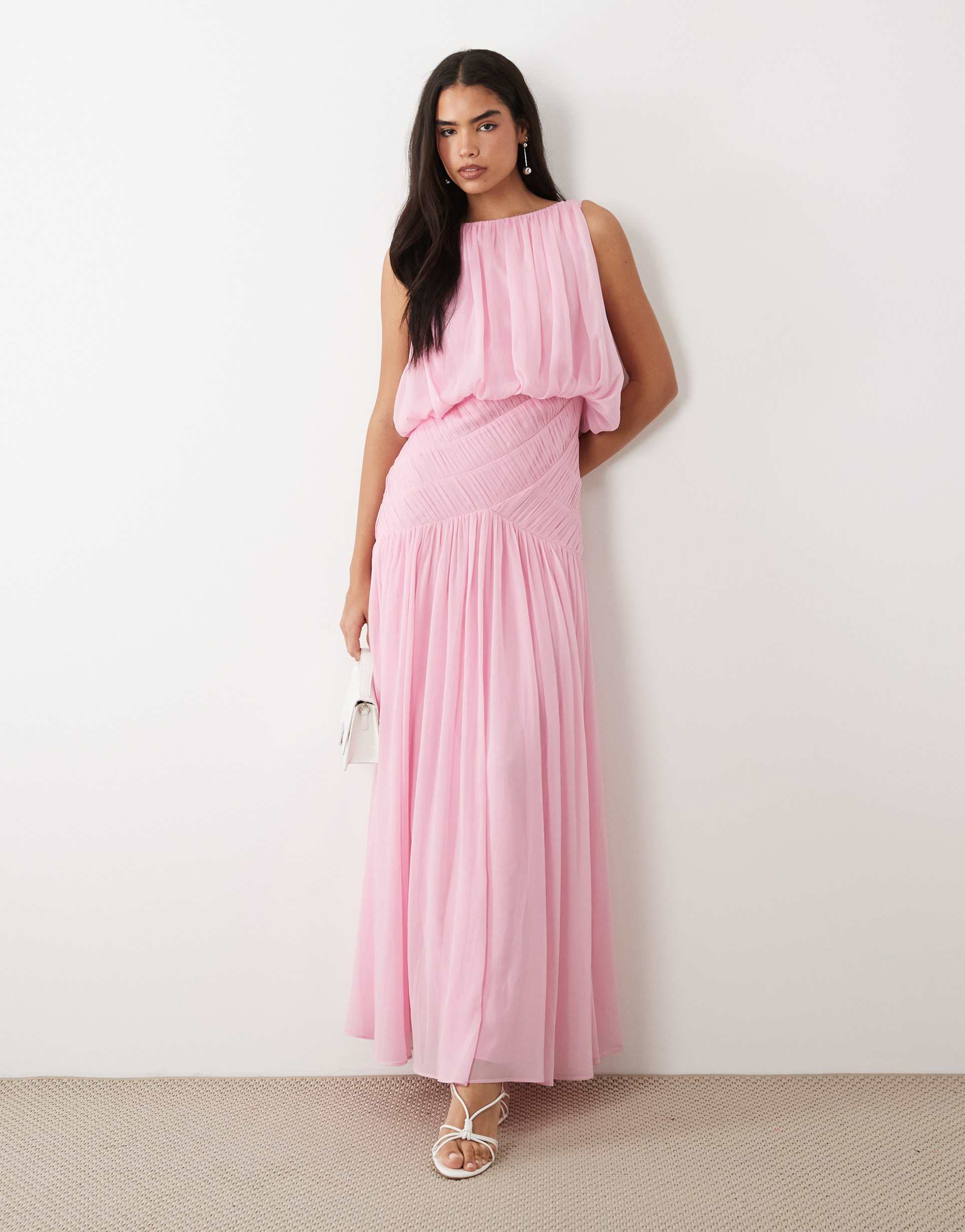 asos design draped gauged ruched waist detailing maxi dress in pink