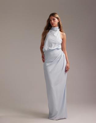 Asos Design Draped Halter Column Crepe Maxi Dress In Light Blue