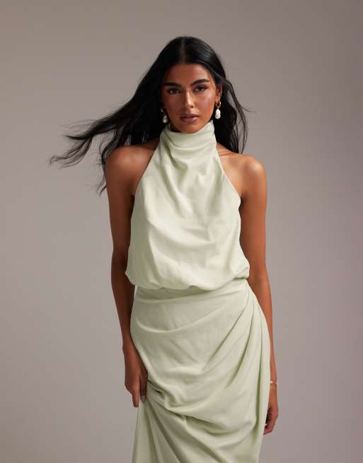 ASOS DESIGN draped halter column crepe maxi dress in light green